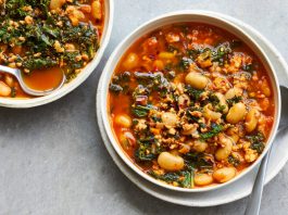 An overhead image of two soup bowls filled with beans and greens.