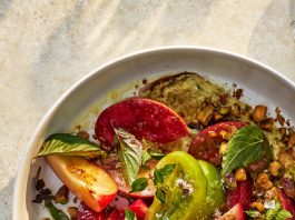 Clockwise from left: summer melon spoon salad; heirloom tomatoes with fish sauce vinaigrette; charred corn and Cheddar salad; pluot-tomato salad with suya pistachio crunch.