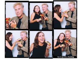 Will Ferrell in a jacket and Molly Shannon in a black dress knead pizza dough at a kitchen counter.